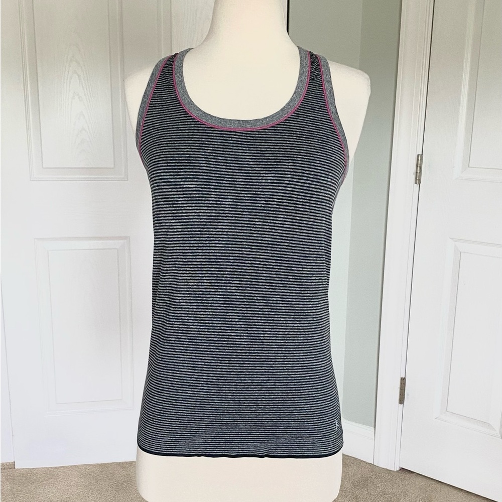Danskin Now Gray Striped Razorback Athletic Tank Top